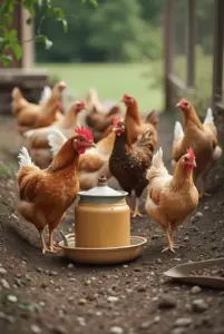 gallinas en una granja con un bebedero